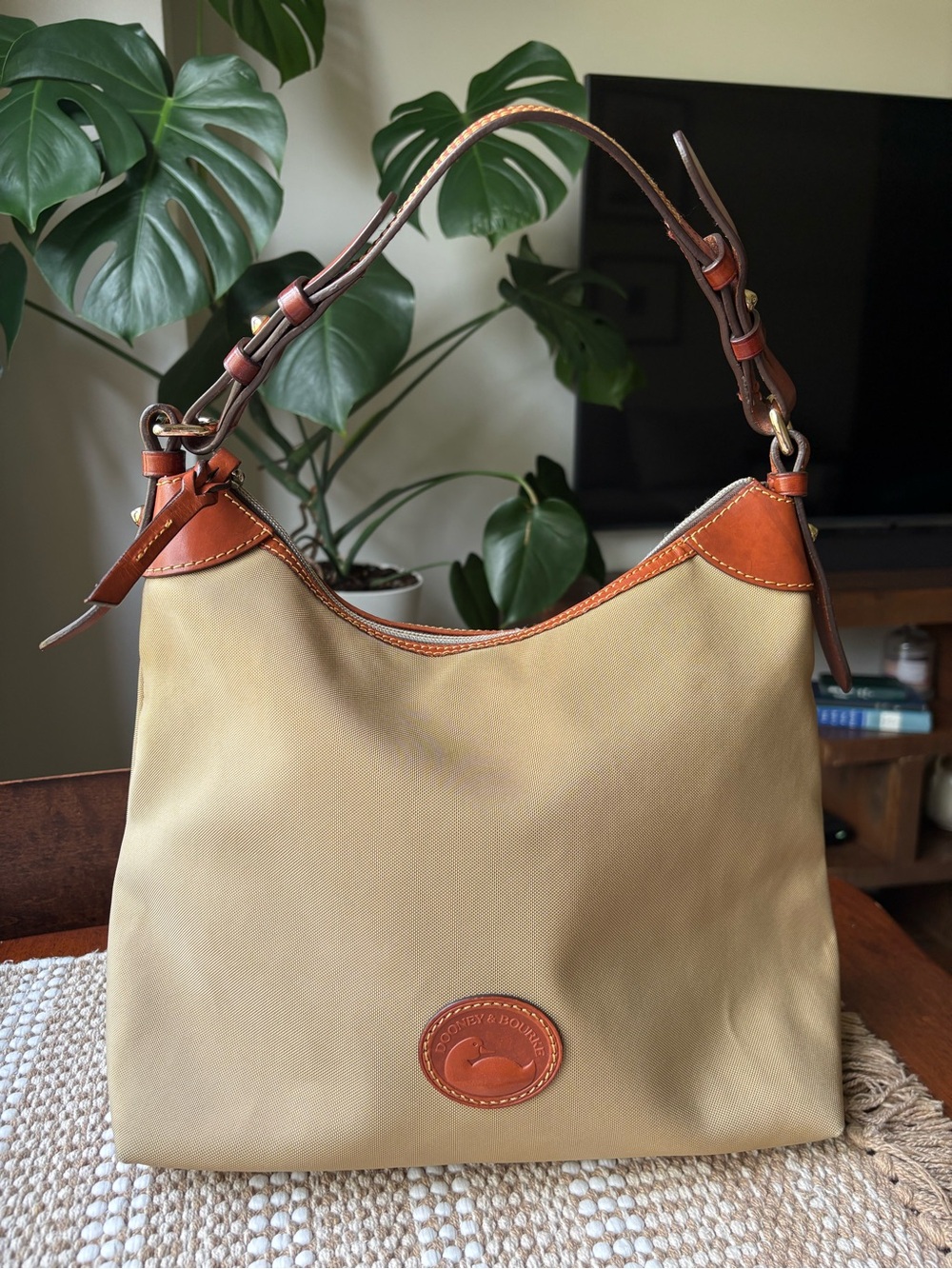 Dooney & Bourke Canvas Hobo Bag with Brown Leather Trim